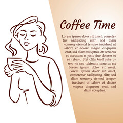 Beautiful woman with Cup of Coffee or Tea. Coffee time Concept. Vector Illustration.