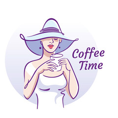 Beautiful woman with Cup of Coffee or Tea. Coffee time Concept. Vector Illustration.