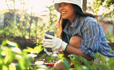 Happy owner female gardener gardening in the garden to growing new plants. A young farmer woman has...