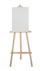 Wooden easel with blank sheet of paper isolated on white