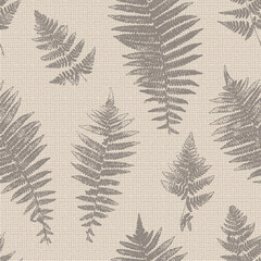 Natural Fern Leaf Print Silhouettes. Floral Background with Imitation Linen Burlap Texture. Stamp Leaves Vector Seamless Pattern. Textured Forest Plants Imprint Vintage Wallpaper. Brown Beige Color