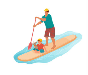 Standing man with boy is paddling with paddle board on the water. Sup boarding outdoor activity. Vector isolated colorful illustration in cartoon style. 
