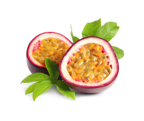 Cut ripe passion fruit with leaves isolated on white