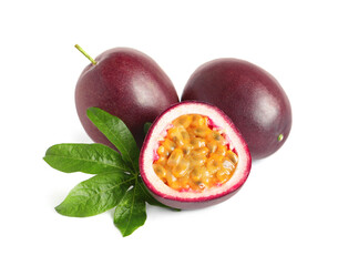 Cut and whole passion fruits with leaf isolated on white