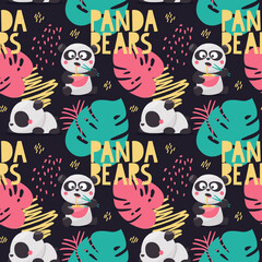 Seamless cute cartoon vector pattern with Panda Bears are sleeping and eating noodles , leaves and plants