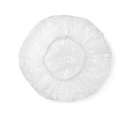 Transparent shower cap on white background, top view