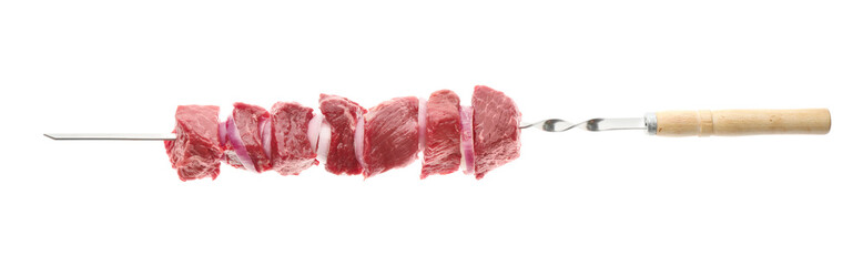 Metal skewer with raw meat and onion on white background