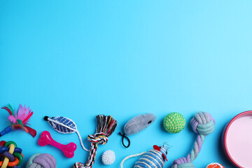 Different pet toys and feeding bowl on light blue background, flat lay. Space for text