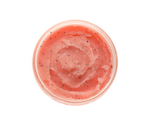 Body scrub in jar isolated on white, top view