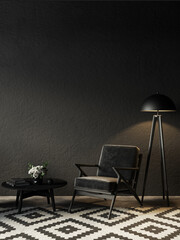 Black room interior with armchair, floor lamp and decor. 3d render illustration mock up.