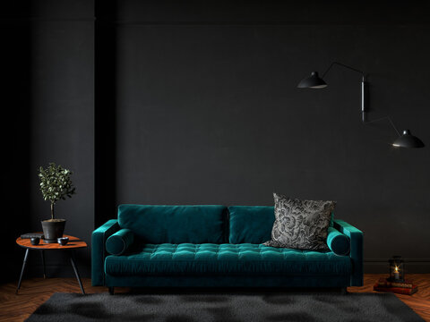 Black room interior with green velour sofa, wood floor, carpet and decor. 3d render illustration mock up.