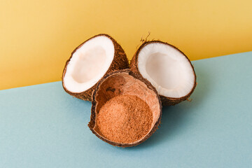 coconut sugar in a nut shell with coconut halves on a blue-yellow background