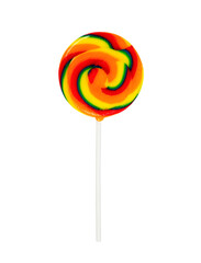 Colorful rainbow lollipop swirl on wooden stick isolated on white background