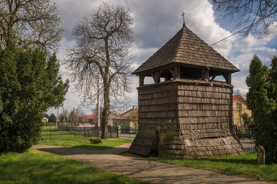 Wooden belfry in Sobikow near Gora Kalwaria, Masovia, Poland
