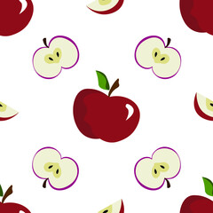 Juicy red apples seamless pattern, a collection of colorful apples on white background, apple slices, summer fruits repeat pattern, apple delight, healthy fresh food, childish illustration style