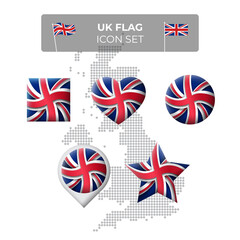 United Kingdom, great britain wavy flag icons set - square, heart, circle, stars, pointer, map marker. Mosaic map of great britain. Union Jack, union flag. Paper cut. Vector uk symbol, icon, button