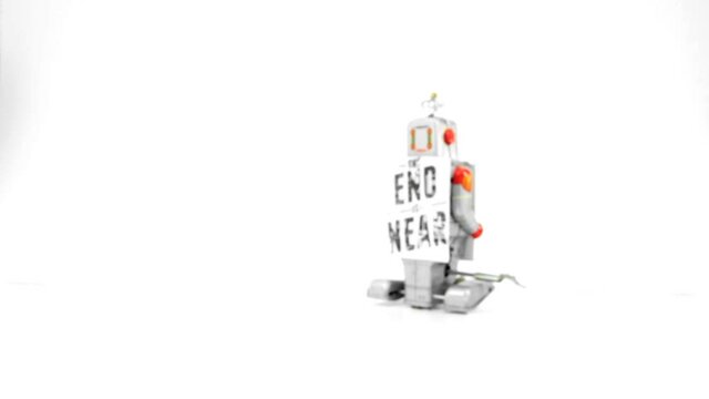 The end is near robot with a sign 