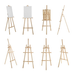 Set with wooden easels on white background