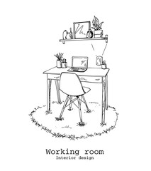 Hand drawn sketch interior Working room and decoration - Illustration.