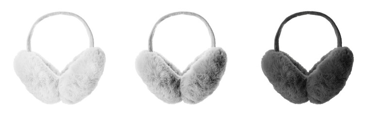 Set with different soft earmuffs on white background