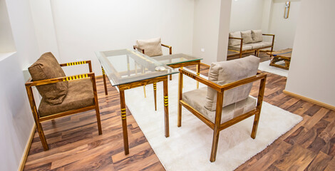 Interior design of luxury office room with wooden furniture