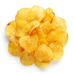Tasty potato chips, isolated on white background