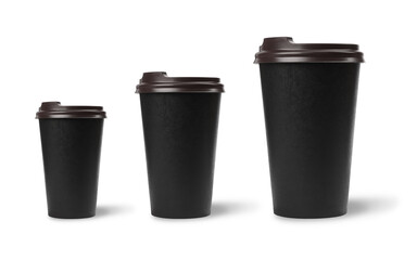 Set with different takeaway coffee cups on white background