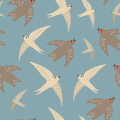 Seamless pattern with cute swallow birds flying around on sky blue background