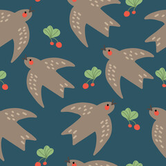 Seamless pattern with cute swift swallow birdie on dark background