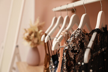 Collection of trendy women's garments on rack indoors, closeup and space for text. Clothing rental service