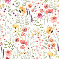 Floral seamless pattern with colorful wildflowers and abstract green plants. Watercolor print isolated on white background.