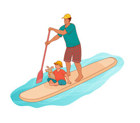 Standing man with boy is paddling with paddle board on the water. Sup boarding outdoor activity. Vector isolated colorful illustration in outline style. 