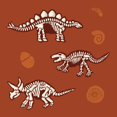 Fototapeta na wymiar Dinosaur Skeletons and Other Fossils Vector isolated Decorative Elements Set