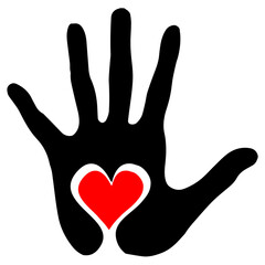 Black silhouette of humans handprint with heart symbol in open palm on white background.