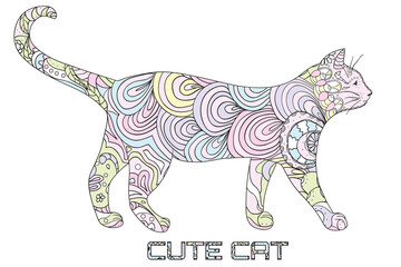 Cat. Design Zentangle. Hand drawn cat with abstract patterns on isolation background. Design for spiritual relaxation for adults. Zen art. Decorative style. Print for polygraphy, posters and textiles