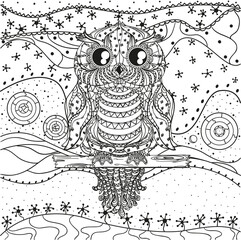 Fototapeta premium Mandala with owl. Design Zentangle. Hand drawn abstract patterns on isolation background. Design for spiritual relaxation for adults. Black and white illustration for coloring. Zen art. Decorative