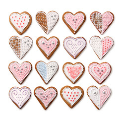 Homemade Christmas heart gingerbreads set with colorful icing decoration