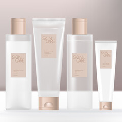 Vector Beauty or Skincare Transparent Cream, Shampoo, Gel or Cream Bottle and Tube Bundle with Beige Caps. 