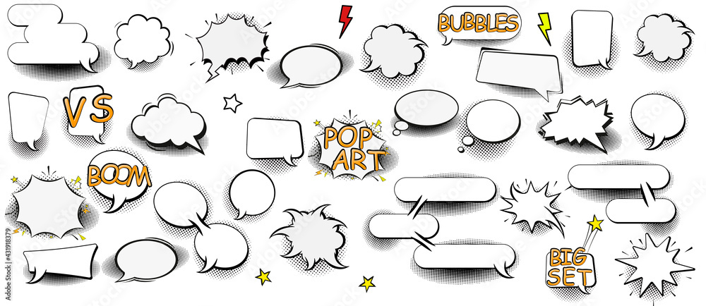 Poster big set comic speech bubbles halftone dot background style pop art. comic dialog empty cloud, space 
