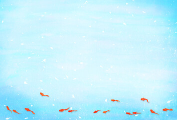 Fototapeta na wymiar 夏のハガキデザイン縦　金魚とキラキラとした水面