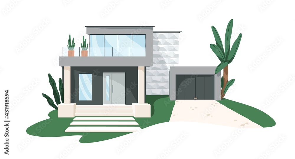 Wall mural Modern minimalistic architecture of block house with garage. Building exterior of contemporary villa. Private real estate. Colored flat graphic vector illustration isolated on white background