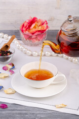 tea ceremony, cup of tea, kettle, rose petals