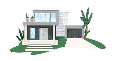 Modern minimalistic architecture of block house with garage. Building exterior of contemporary villa. Private real estate. Colored flat graphic vector illustration isolated on white background