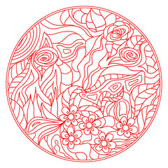 Zendala. Zentangle. Hand drawn circle mandala with abstract patterns on isolation background. Design for spiritual relaxation for adults. Outline for tattoo, printing on t-shirts, posters and other