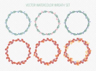 Set illustration of watercolor wreaths and autumn leaves