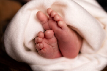 Babyfüße sind angewinkelt in einer weißen Decke. Neues Leben. Gerade geboren