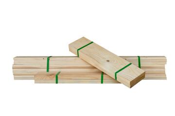 Stack pine wood board tied with green plastic rope. Stock plank wooden pattern suitable on freight furniture. Stacks old wood pallets. Plank bundle for recycling or reuse, isolated on white background