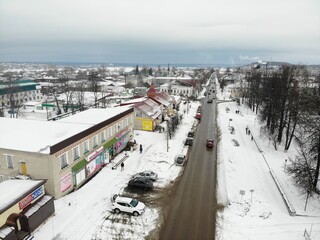Aerial view of one of the streets in the city of Sovetsk in winter (Kirov region, Russia)