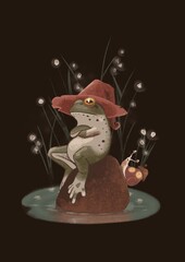 a frog with yellow eyes and a red witch's hat is sitting on a rock with his hands folded. Around the water, a snail crawls on the stone, swamp plants glow, 2d illustration