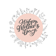 Happy Mother's Day text as celebration badge, tag, icon. Text card invitation, template. Festivity background. Lettering typography poster. Banner on textured background. Vector illustration.